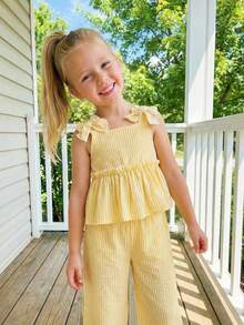 Emery Rose Kids Emery Rose Kids Bộ đồ 2 món cho bé gái: áo hai dây và quần dài dệt màu trơn. - Màu vàng - Xem 3