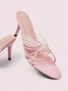 CUCCOO DOLLMOD Women's Cute Sweet Lace Bow Tie Pink Stripe High Heel Open Toe Sandals Summer - Pink - View 2