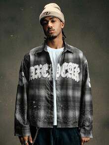 AXEPEAK Men's Casual Shirt Loose Cropped Fit Rhinestone Embellished Top - Grey - View 4