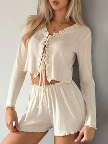 DAZY Conjunto de pijama de mujer con nudo delantero y volantes de punto jacquard, primavera/verano - Beis - Ver 5