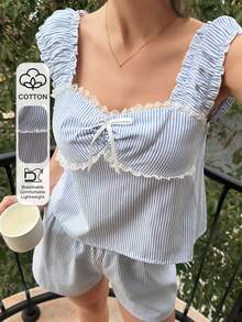 Livesso Sweet Striped Bow Decor Women's Pajama Set, Suitable For Summer Vacation - Blue - View 3