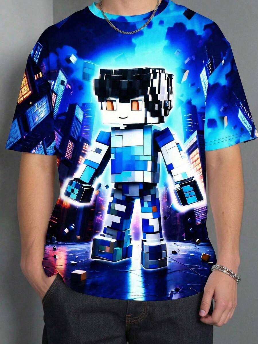 SHEIN 青少年男孩休闲酷炫经典卡通像素方块未来战士角色印花圆领短袖T恤,适合春夏穿着,日常穿着,运动,郊游,上学,聚会,节日,拍照 - 彩色 - 查看 1