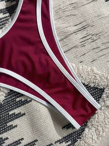 Swim Vcay Conjunto de bikini con ribete de color contrastante para vacaciones en la playa - Rojo - Ver 5