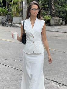 Aloruh New Minimalist Sexy Fashion Commuter Golf Twist Waist Cardigan Vest And Fishtail Skirt Set, Versatile For Party, Music Festival White Summer - Beige - View 8