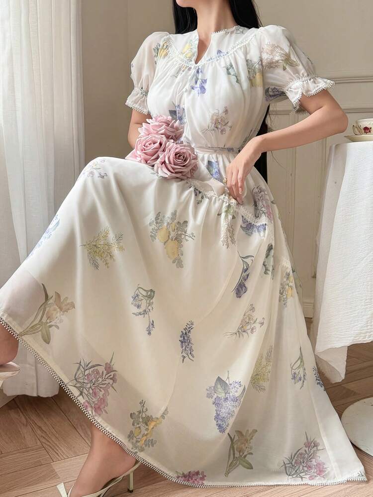 French Elegant Floral Print Lace Loose Doll Princess Dress, Summer