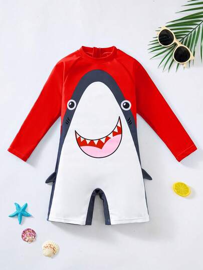 SHEIN 1 pieza/Set Traje de baño de una pieza con manga larga y diseño de tiburón lindo para niños, con aleta 3D, traje de baño protector para niños y niñas, playa, natación, surf, primavera/verano