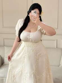 Vibekara Plus Size Women's Square Neck Ruched Bust Waist A-Line Dress - Apricot - View 3