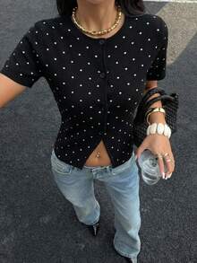 SHEIN EZwear 女士全印花前扣优雅黑色短袖开衫 - 彩色 - 查看 8