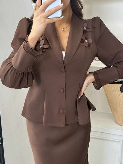 Graceveil Women's New Fashion Daily Commute Ruffled Chiffon Patchwork Handmade Decorative Flower Elegant Blazer