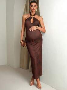 MaterniChic 优雅性感露背吊带孕妇连衣裙，适合夏季穿着 - 棕色 - 查看 1