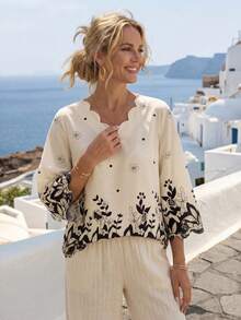 Faunlyn 女士宽松花卉印花喇叭袖衬衫、办公室衬衫、七分袖上衣 - 杏色 - 查看 3