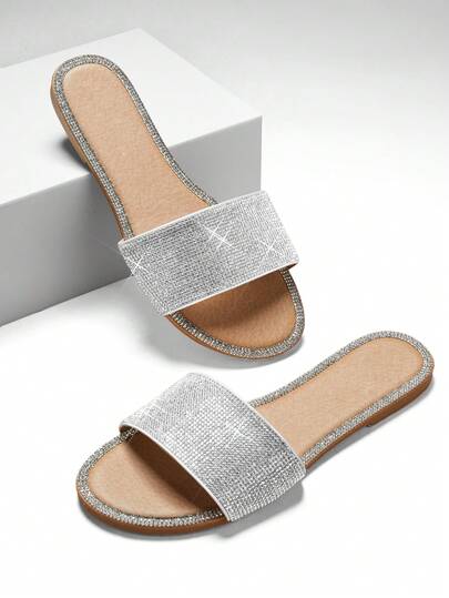 SHUZIA Sandalias planas con puntera redonda, cristales y regalos de Año Nuevo, Día de San Valentín, zapatos de verano