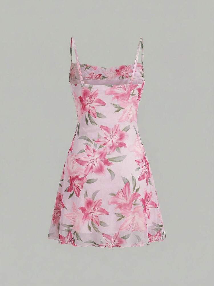 SHEIN Girlism 少女碎花网纱吊带优雅连衣裙 - 粉色 - 查看 2