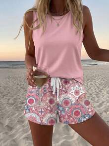 Sylviya 复古休闲简约粉色与复古撞色几何两件套 - 彩色 - 查看 3