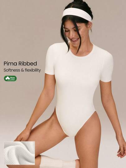 GLOWMODE Ribbed Pima Cotton Ready To Flow Ultra-Soft Breathable Lightweight Stretchy Snap Closure Non-Padded Short-Sleeve Crewneck Thong Bodysuit Yoga Pilates Studio Daily Casual Wear