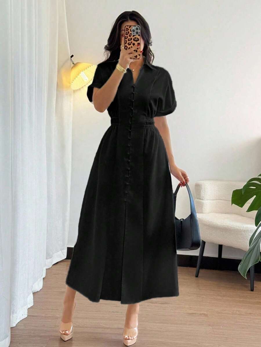 Rafferiza 女式休闲衬衫裙，前襟纽扣，插肩袖，收腰设计 - 黑色 - 查看 1