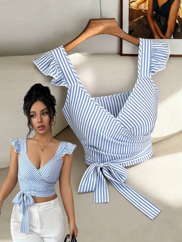 Elenzga Camisa de verano elegante con rayas tejidas para mujer