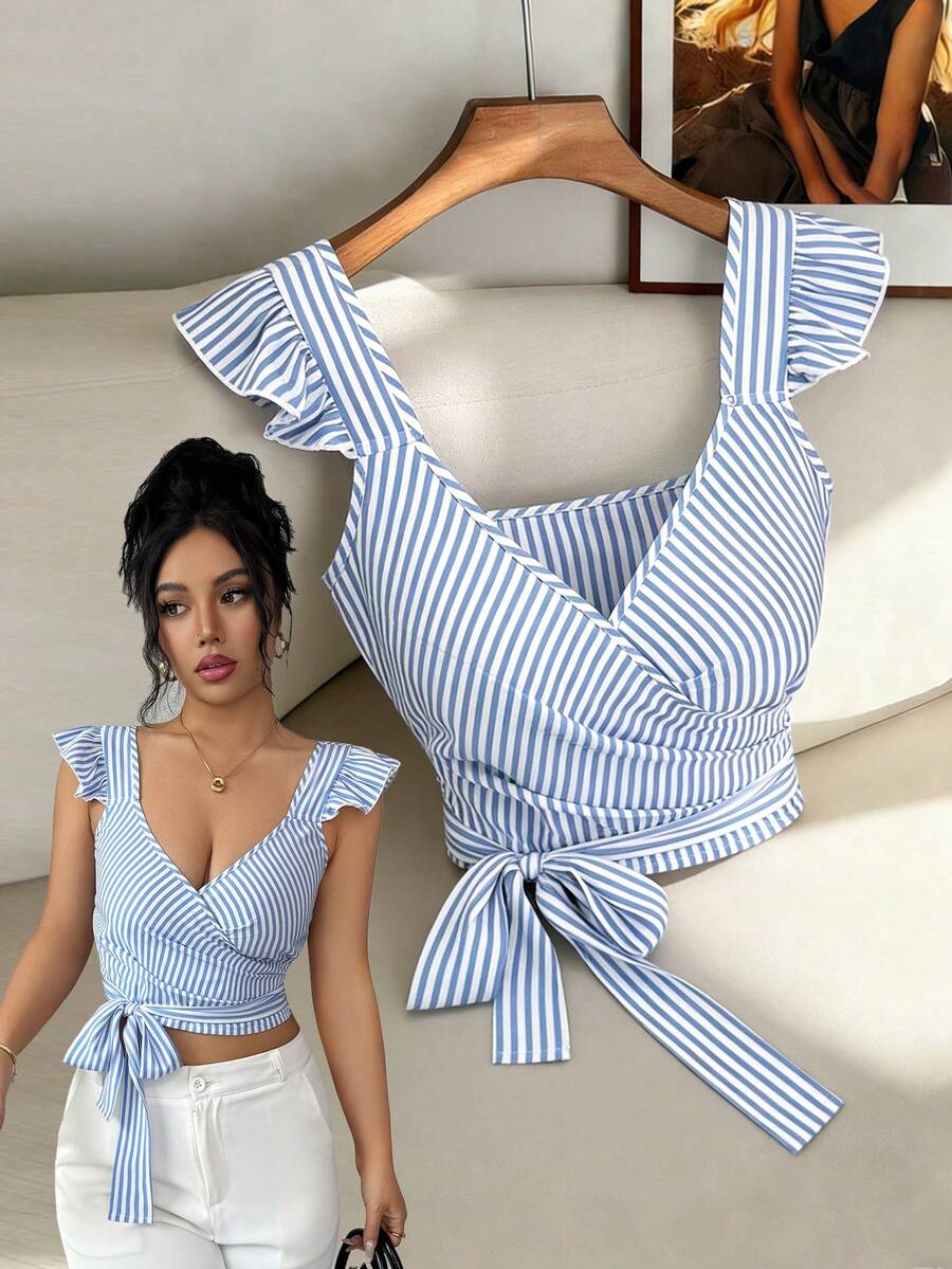 Elenzga Elegant Summer Shirt With Woven Stripes For Women Seksi Chic - Blue and White - View 1