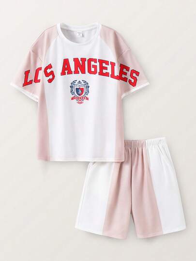2pcs Tween Boy Casual Sportswear Two Pieces Set: Color-Blocked Patchwork English Letter Print Short-Sleeved Shirt And Shorts. Suitable For Everyday Casual Wear, Sports, School, And Lounging At Home. Perfect For Spring And Summer.