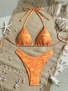 Swim Vcay Swim Mod Summer 2 Pieces Swimwear, Spaghetti Strap Random Print Top And High Cut Bottoms, Summer Beach Vacation Bikini Set - Orange - View 1