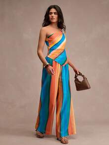 CLARA VERO Set di top monospalla a righe e pantaloni a zampa, vestibilità regular, perfetto per feste estive, vacanze al mare o weekend, realizzato in tessuto leggero non elastico al 100% in poliestere - Multicolore - Visualizzare 5