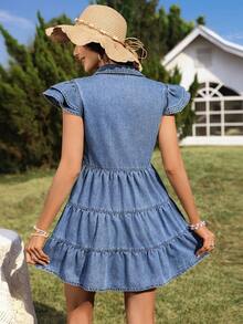 Breezaya 女士休闲宽松牛仔连衣裙，荷叶边下摆，轻盈面料 - 淺色水洗藍 - 查看 2