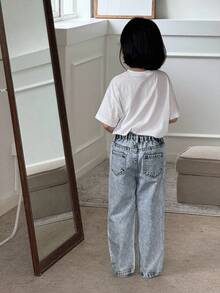 SHEIN Playful Pals Quần Jeans Ống Thẳng Màu Xanh Nhạt In Họa Tiết Động Vật Hoạt Hình Dễ Thương Cho Bé Gái Thời Trang Thường Ngày Đa Năng - Rửa nhẹ - Xem 2