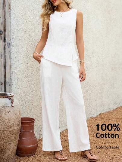 EMERY ROSE Women's Casual Solid Color Asymmetric Hem Tank Top And Pants 2 Pieces Set, Summer Going Out Outfits Summer Outfits For Women Vacation Outfits Women Casual Sets For Women Country Outfits For Women Cotton Casual Outfit For Women White Outfit For Ladies Two Piece Set For Women Casual Women Outfits Comfortable Sets For Women Linen Two Piece Set Two Piece White Set Women Wide Leg Pants Set Summer Pant Set White Jumpsuit Elegant 2 Piece Cotton Set Women Summer Pants Sets For Women Cotton 2 Piece Set Pants Suit Summer Sets