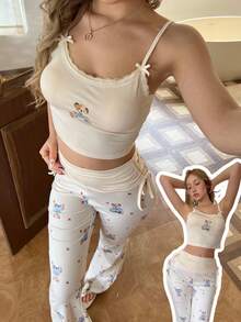 SHEIN 女士小熊蝴蝶结印花抽绳腰吊带背心和裤子睡衣套装 - 杏色 - 查看 1