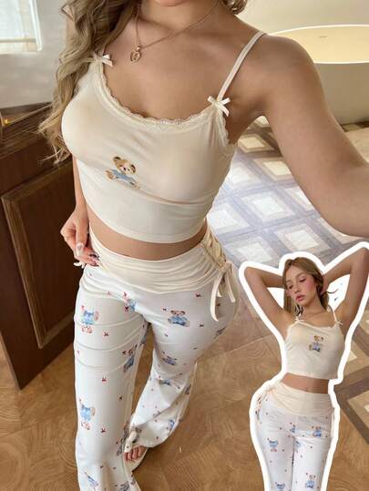 SHEIN 女士小熊蝴蝶结印花抽绳腰吊带背心和裤子睡衣套装