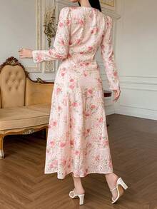 DAZY Bộ đồ 2 mảnh thanh lịch dành cho nữ, gồm áo ôm dáng và chân váy dài in họa tiết hoa, thích hợp cho mùa xuân/hè. - Hồng - Xem 2