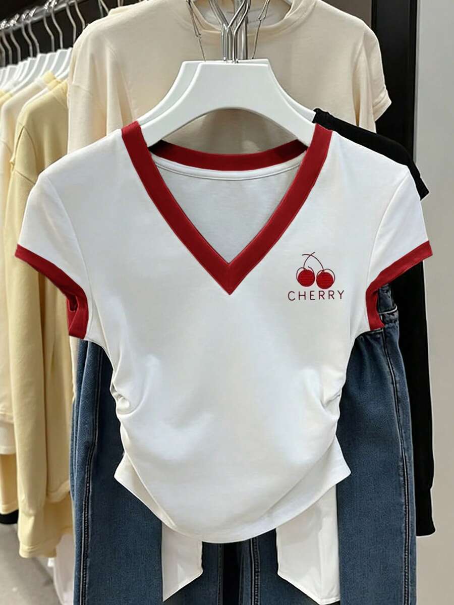 Resyla 女士V领字母樱桃印花休闲百搭日常穿T恤 - 白色 - 查看 1