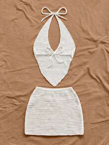 Soleia 女士性感V领系带露背吊带背心和高腰亮片毛衣两件套，适合派对、圣诞节、约会、夜店、海滩、邮轮、下午茶等场合，波西米亚风、浪漫花卉图案，度假钩针两件套，奶油色两件套，亮片两件套，秋冬季沙滩两件套 - 白色 - 查看 2