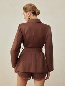 MOTF PREMIUM LINEN LACE PATCHWORK TIE-UP BLAZER, VINTAGE STYLE, SPRING/SUMMER - Coffee Brown - View 8