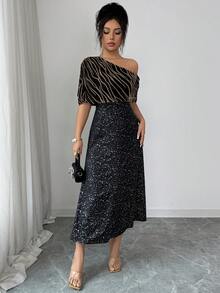 Elenzga 女士优雅箔印斑马纹不对称领连衣裙 - 黑色 - 查看 4