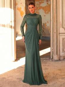 Aureia Elegant Luxurious Diamond Design Sheer Long Sleeve Ruched Mermaid Dress,Suitable For Weddings,Parties,Bridal,Mother Of The Bride,Evening Gowns - Green - View 3