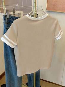 Tween Girl Casual, Retro American Campus Classic Logo Graphic Short Sleeve Crew Neck T-Shirt, Suitable For Summer, American Chic Vacation, Coffee Color Fitted Daily Casual Wear, White Printed Striped Fashion Comfortable Versatile All Season, Equestrian White Fitted Cropped Suitable For Spring, Summer, Autumn, Winter, Light Brown - Multicolor - View 4