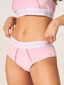 Missguided x Playboy Women's Velour Bralette And Hipster Panty Set With Contrast Elastic Tape And Cross Back Straps - Pink - View 2