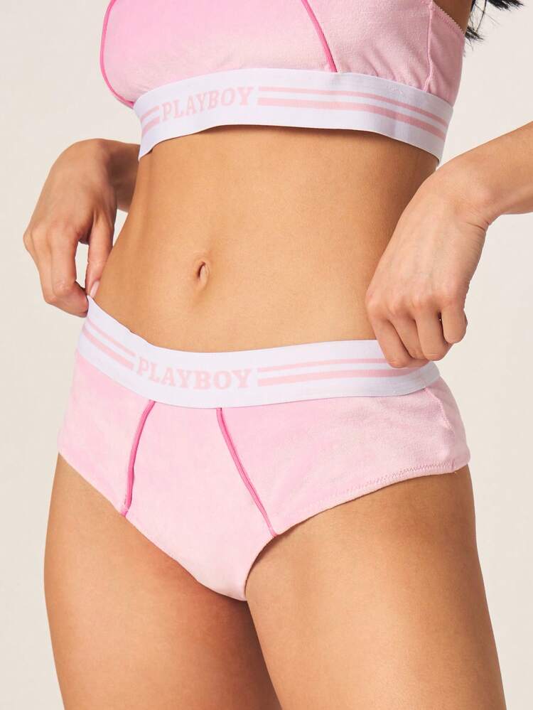 Missguided x Playboy Women's Velour Bralette And Hipster Panty Set With Contrast Elastic Tape And Cross Back Straps