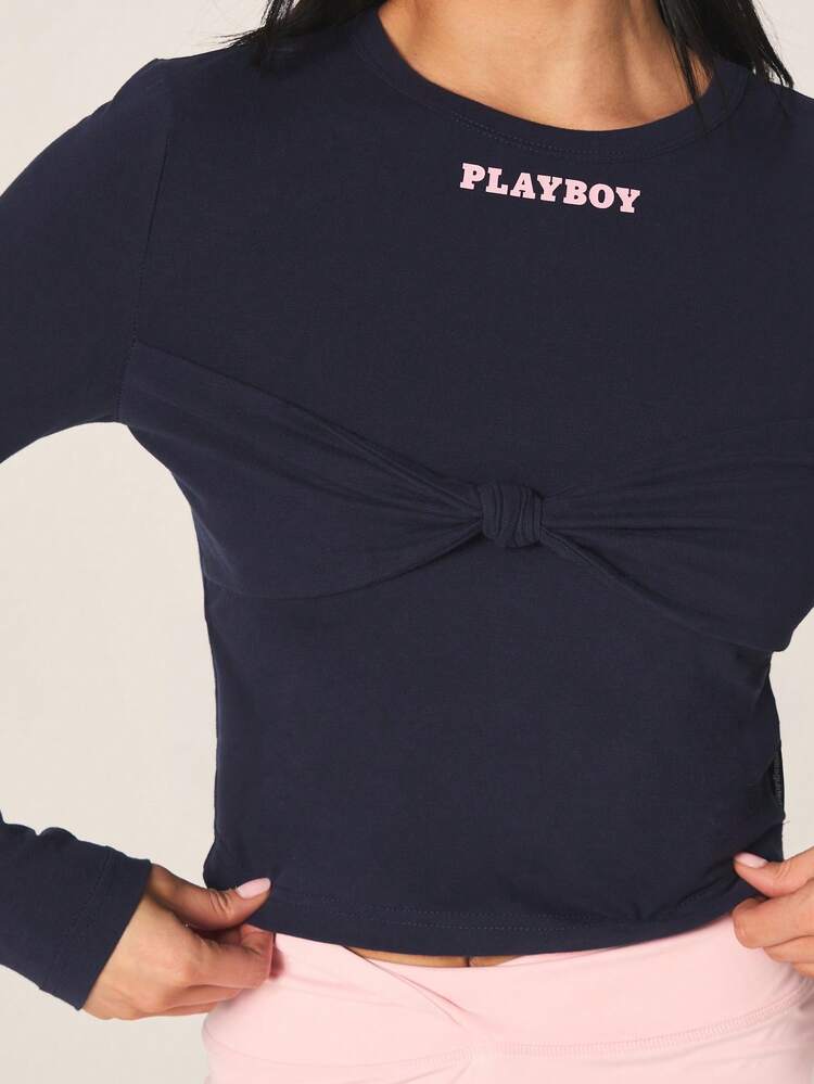 Missguided x Playboy Women's Long Sleeve Navy Blue Crew Neck Top With Front Twist Ruched Detail And Pink Logo Print Casual Fitted Blouse