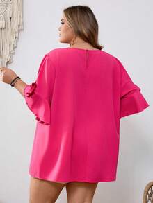 SHEIN CURVE+ Curve 尺码 US22 音乐节、海滨度假、波西米亚风女士蝴蝶结装饰圆领紫红色衬衫，夏季 - 玫紅色 - 查看 3