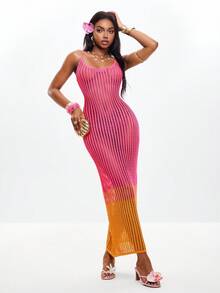 Coolane Women's Spring/Summer Halterneck Plunge V Front Open Crochet Knit Ombre Straight Fit Tassel Hem Maxi Dress Ibiza Sexy Vacation Holiday Spring Summer Festival Beachwear Romantic Elegant Cover Up Swim Tequila Sunrise, Beach Club - Pink - View 5