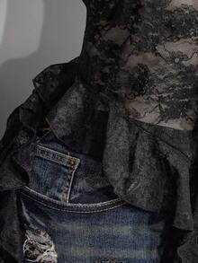 SHEIN ICON 大码女式蕾丝拼接荷叶边吊带系带性感百搭上衣，适合约会和外出穿着 - 黑色 - 查看 10