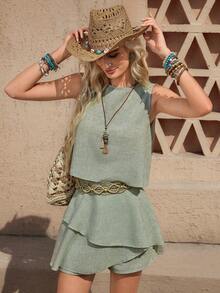 Wildy 波西米亚风休闲美式西部乡村复古纯色女装春夏基础款无袖上衣短裤两件套，适合日常通勤穿着。 - 綠色 - 查看 6