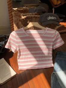 Muchica Camiseta de mujer de manga corta, cuello redondo y ajustada con estampado de rayas - Multicolor - Ver 3