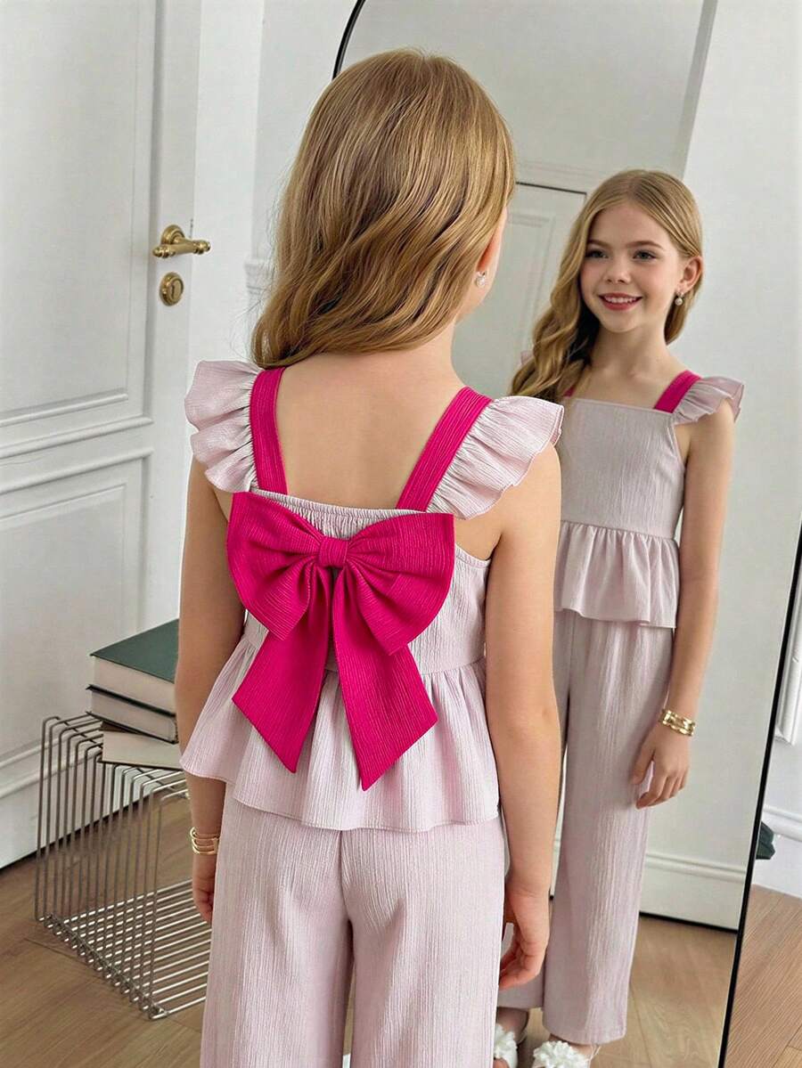2pcs/Set Tween Girls Cute Vibrant Colorblock Spaghetti Strap Bow Ruffle Decor Short Sleeve Top And Straight Leg Pants Set, Casual Everyday & Outdoor Wear, Suitable For Spring/Summer - Pink - View 1