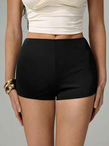 SHEIN Tall Damen Schwarze Hochbund Niedrige Taille Mikro Mini Shorts, Sommer, Mädchenhaft, Nachtausgang Ibiza Boho Strandkleidung Festival Rave Party Herbst Winter Shorts, Große Frauen - Schwarz - Übersicht 10