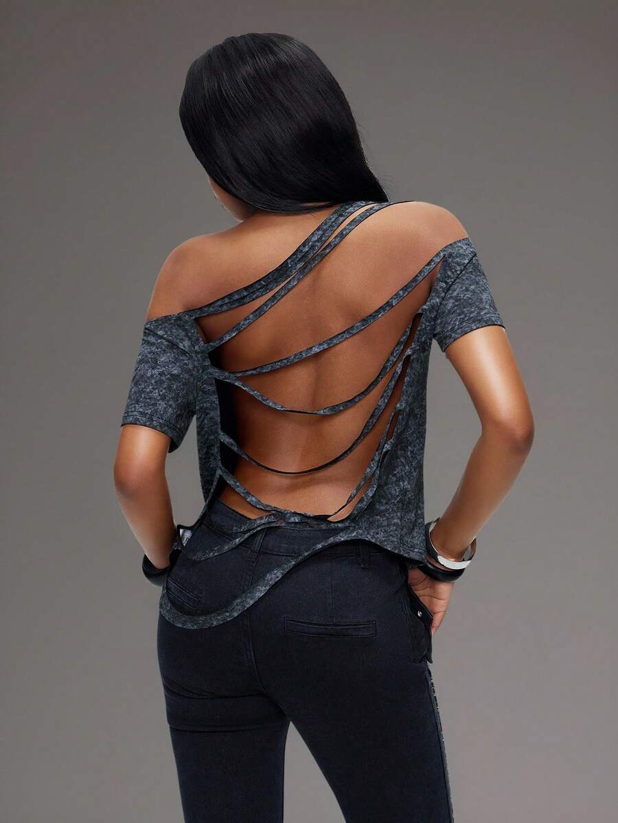 TypaGal Y2K Sexy Summer Grey Black Stylish Chic Bold Modern Women's Fashion Carnival Party Beach Vacation  Street Casual   Distressed Shoulder Short Sleeve 
Open Back With Tassels Tie-Dye Print T-Shirt, Cut Out Top Open Back Tops Backless Tops - Black - View 1