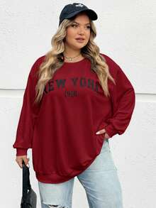 SHEIN CURVE+ 秋冬大码休闲宽松纽约图案圆领长袖女式运动衫 - 酒紅色 - 查看 4