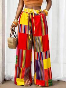 SHEIN BamGlam 女士新款春夏条纹印花直筒裤，海滩度假的完美之选 - 彩色 - 查看 6